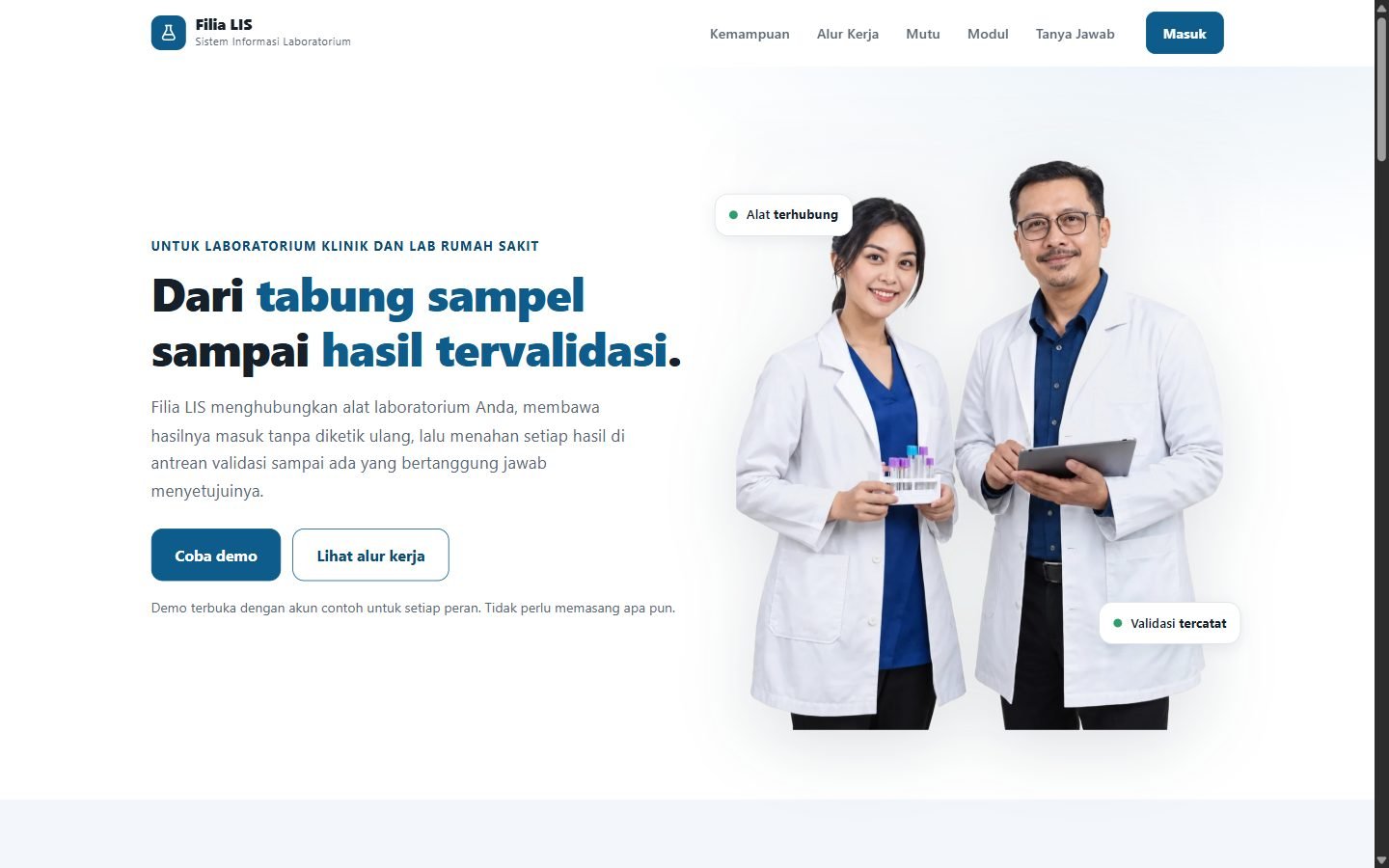 Halaman utama Filia LIS: laboratorium klinik terhubung dan siap SatuSehat