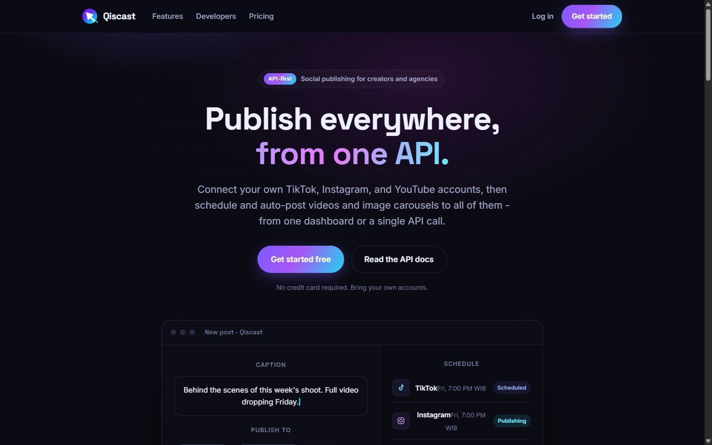 Qiscast homepage showing post scheduling to TikTok, Instagram, and YouTube